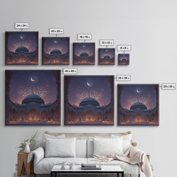Crescent Moon Mosque Arabic Calligraphy Wall Art, Islamic Framed Canvas Print, Ramadan Decor, Eid Gift For Prayer Room At Home