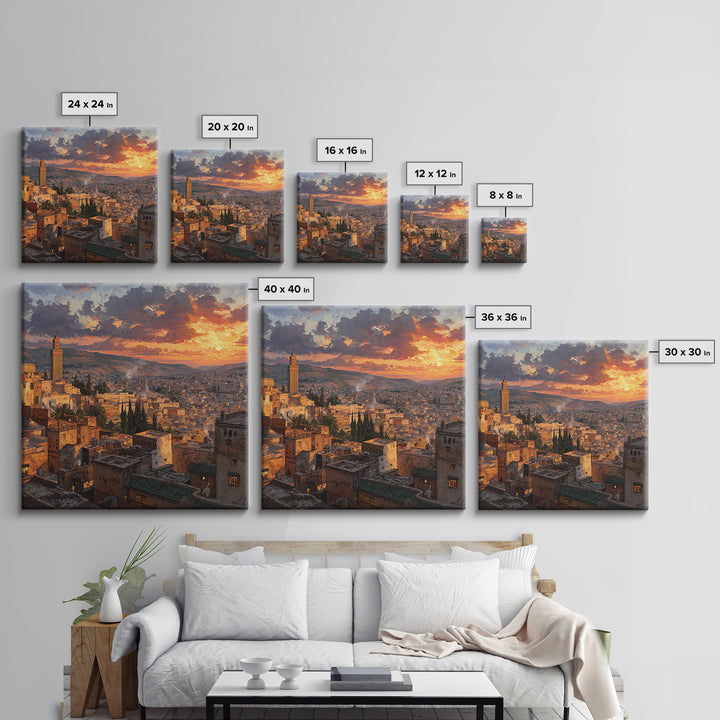 Moroccan City Rooftops At Sunset Wall Art, Marrakech Travel Canvas Print, Warm Mediterranean Living Room Decor Housewarming Gift