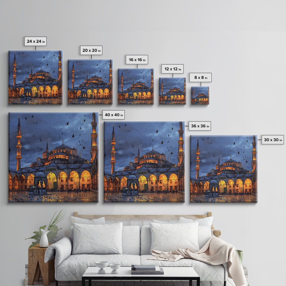 Blue Mosque At Twilight Framed Canvas Print, Islamic Architecture Wall Art, Turkish Travel Poster, Moody Home Decor Gift