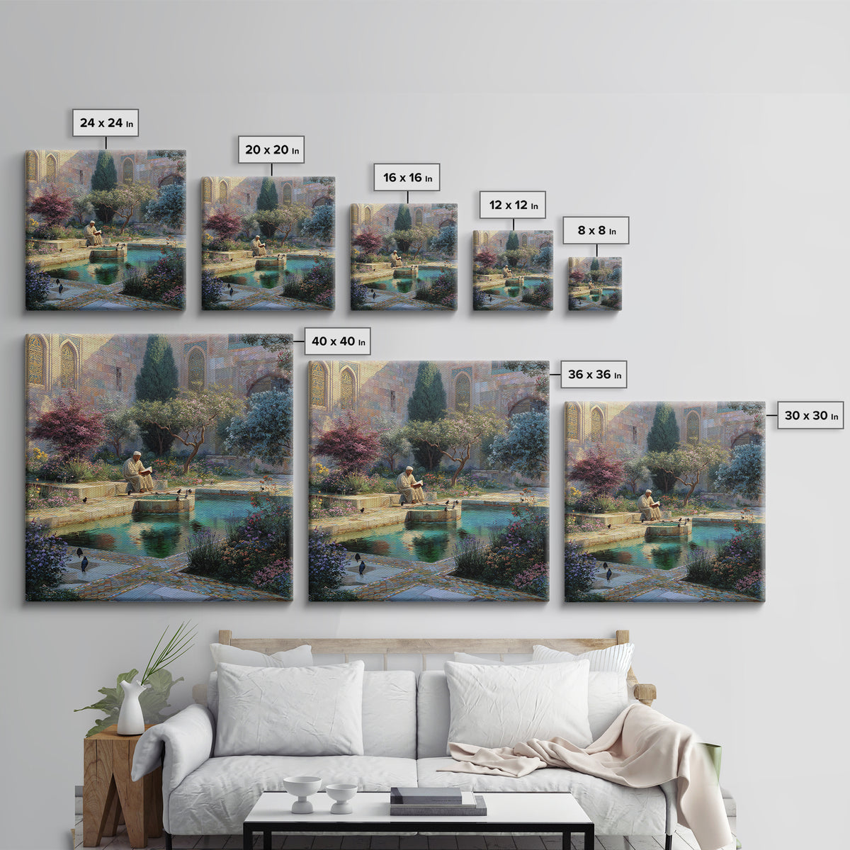 Serene Islamic Garden Courtyard With Reader Wall Art, Meditation Framed Canvas Print, Botanical Zen Home Decor Gift For Her