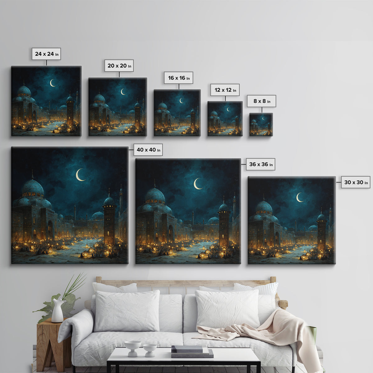 Moonlit Mosque Courtyard With Crescent Canvas Print, Islamic Wall Art, Ramadan Lantern Decor For Prayer Room And Home Decor