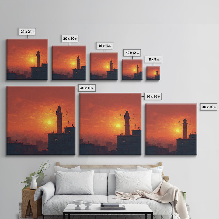 Orange City Sunset With Minaret Tower Silhouette Canvas Print, Islamic Wall Art, Moroccan Decor, Travel Poster, Home Decor