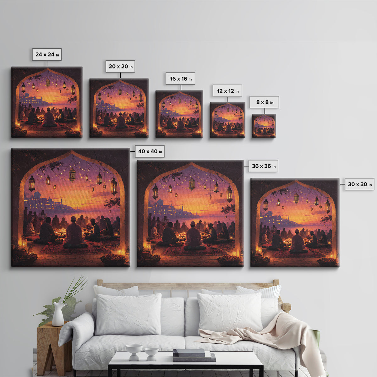 Ramadan Sunset Gathering Wall Art, Lantern Iftar Dinner Scene, Islamic Home Decor, Warm Spiritual Canvas Print Gift For Prayer Room