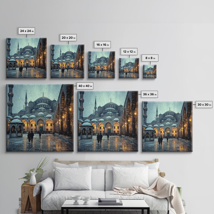 Snowy Blue Mosque Courtyard Canvas Print, Islamic Architecture Wall Art, Istanbul Travel Poster, Spiritual Decor, Home Decor