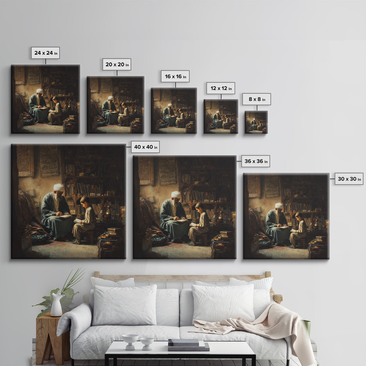 Elder Scholar And Child Reading In Ancient Library Wall Art, Islamic Decor, Dark Academia, Arabic Calligraphy Fine Art Print