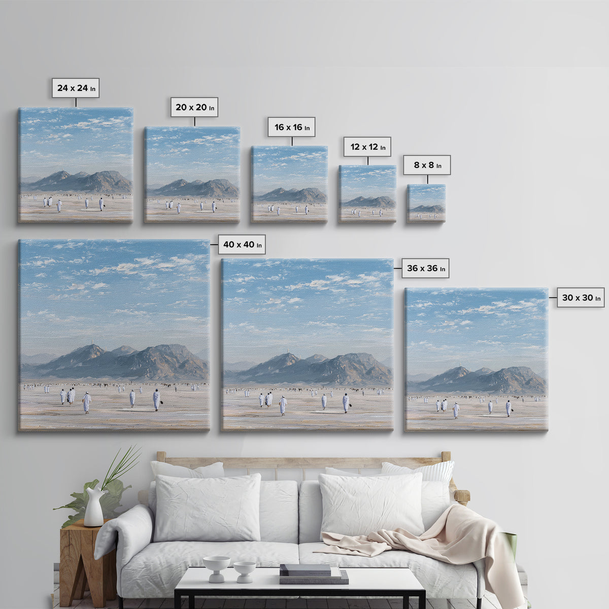 Pilgrims Walking Toward Desert Mountains Wall Art, Minimalist Landscape Canvas Print, Islamic Travel Decor, Calm Neutral