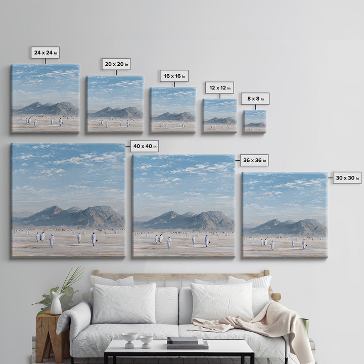 Pilgrims Walking Toward Desert Mountains Wall Art, Minimalist Landscape Canvas Print, Islamic Travel Decor, Calm Neutral