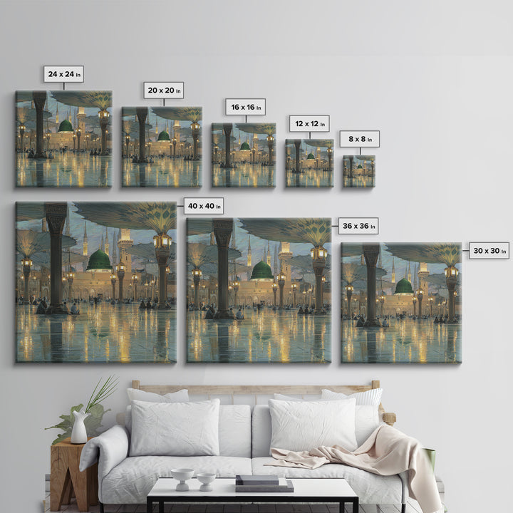 Green Dome Mosque Courtyard With Lantern Reflections Framed Canvas Print, Islamic Wall Art, Medina Decor, Spiritual Gift