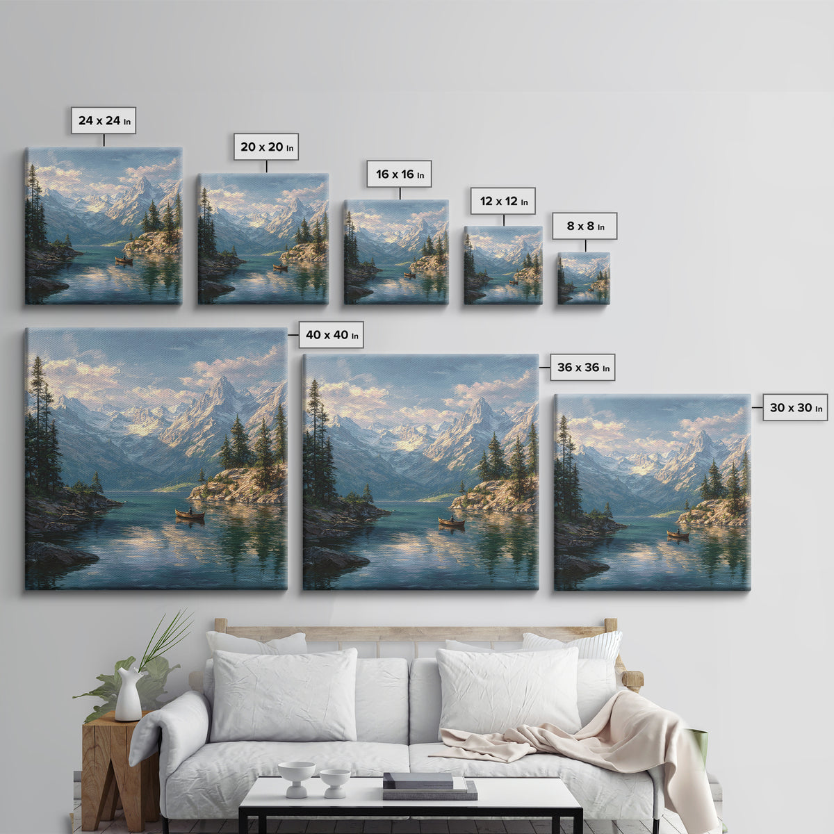 Alpine Lake And Snowy Mountains Framed Canvas Print, Scenic Landscape Art, Cabin Wall Decor, Nature Gift For Living Room
