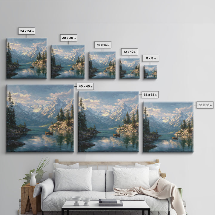 Alpine Lake And Snowy Mountains Framed Canvas Print, Scenic Landscape Art, Cabin Wall Decor, Nature Gift For Living Room