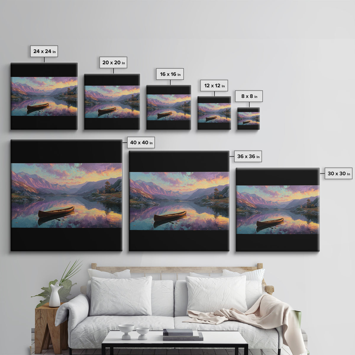 Canoe On Serene Mountain Lake Canvas Print, Sunset Landscape Wall Art, Rustic Cabin Decor For Living Room And Bedroom Decor