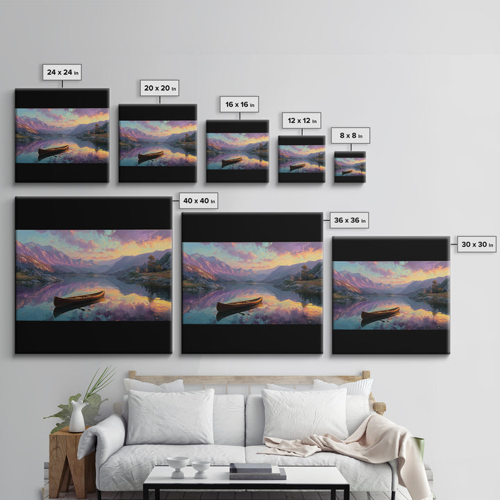 Canoe On Serene Mountain Lake Canvas Print, Sunset Landscape Wall Art, Rustic Cabin Decor For Living Room And Bedroom Decor