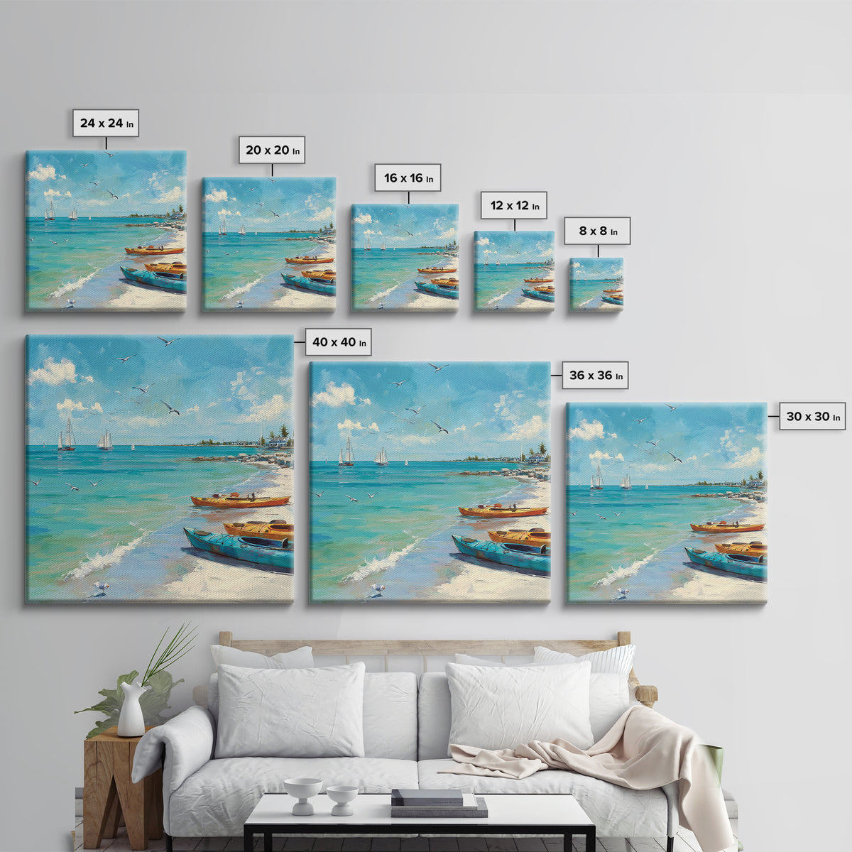 Turquoise Beach Boats And Seagulls Canvas Print, Coastal Wall Art, Ocean Seascape Decor For Beach House Living Room Decor