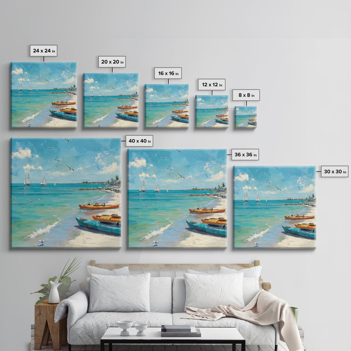 Turquoise Beach Boats And Seagulls Canvas Print, Coastal Wall Art, Ocean Seascape Decor For Beach House Living Room Decor