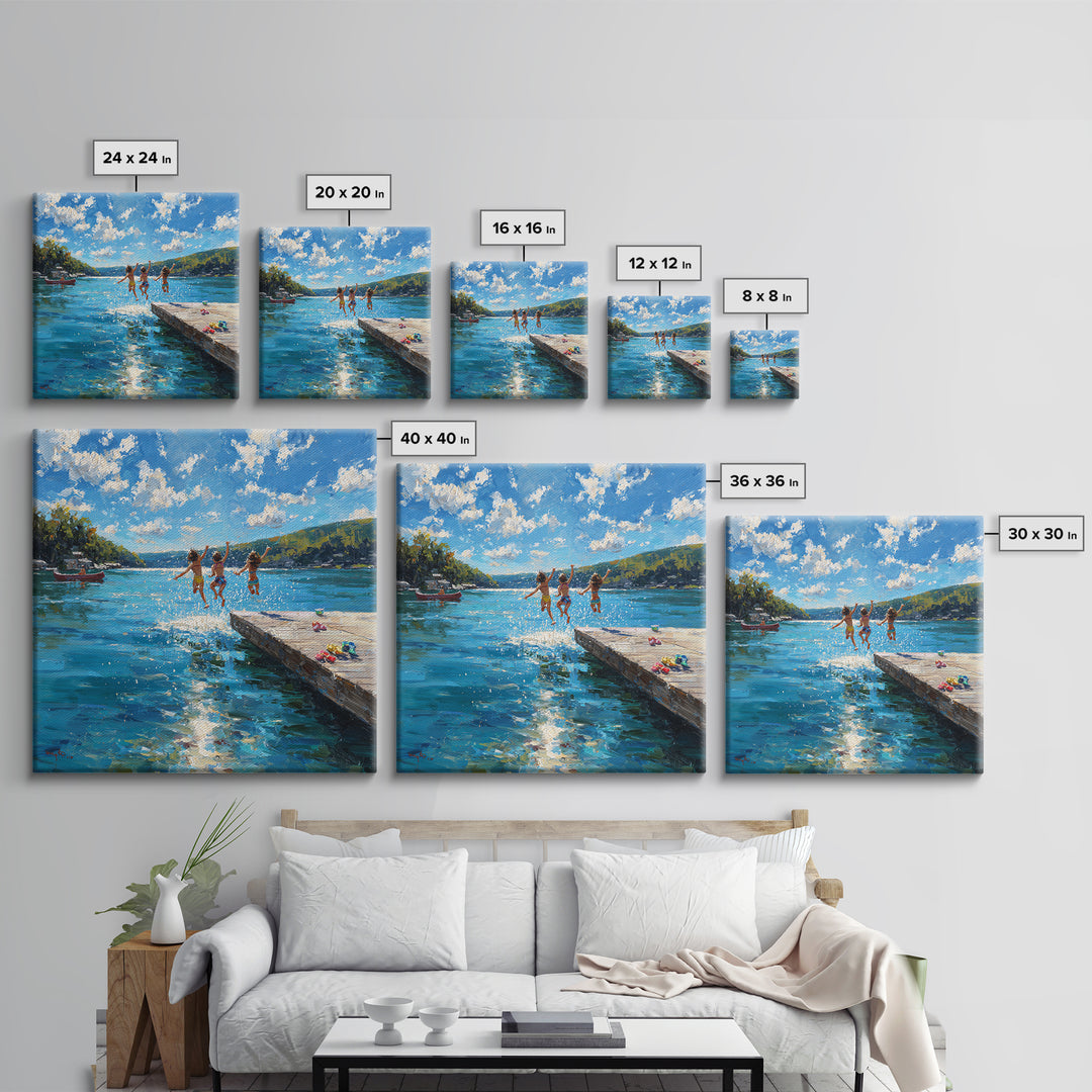 Kids Jumping Off A Sunny Lake Dock Wall Art, Summer Landscape Canvas Print, Lake House Decor, Playroom Art Gift For Coastal Home
