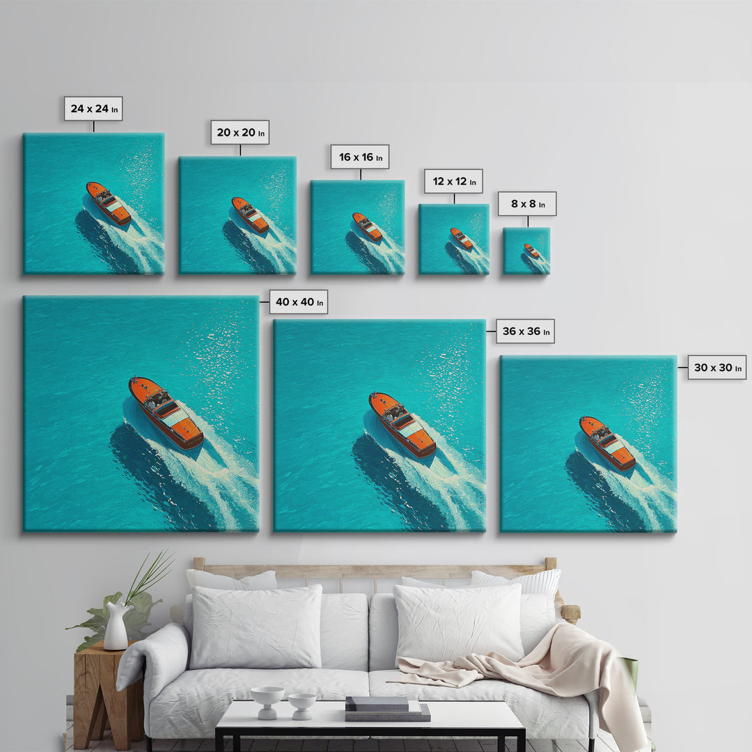 Turquoise Speedboat On Open Water Canvas Print, Coastal Wall Art, Nautical Travel Decor, Modern Beach House Art Gift For Her