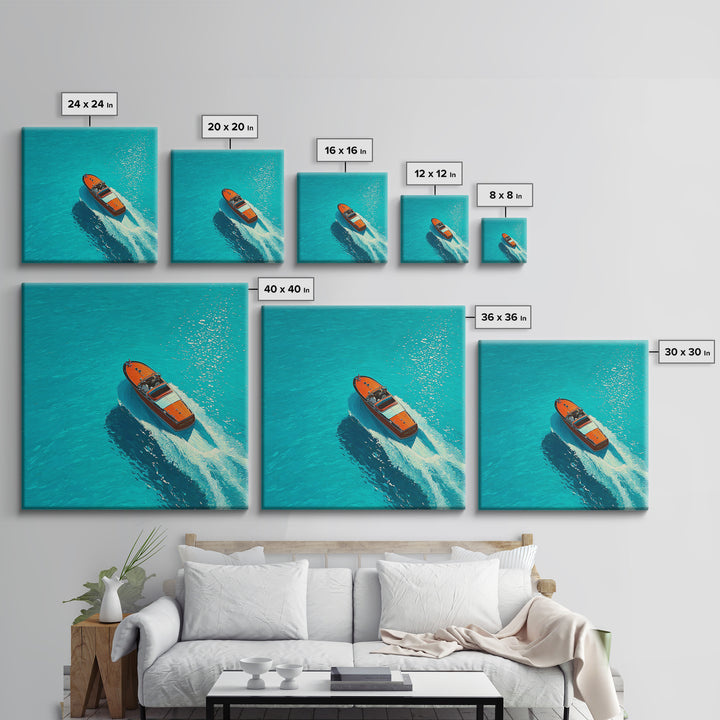 Turquoise Speedboat On Open Water Canvas Print, Coastal Wall Art, Nautical Travel Decor, Modern Beach House Art Gift For Her