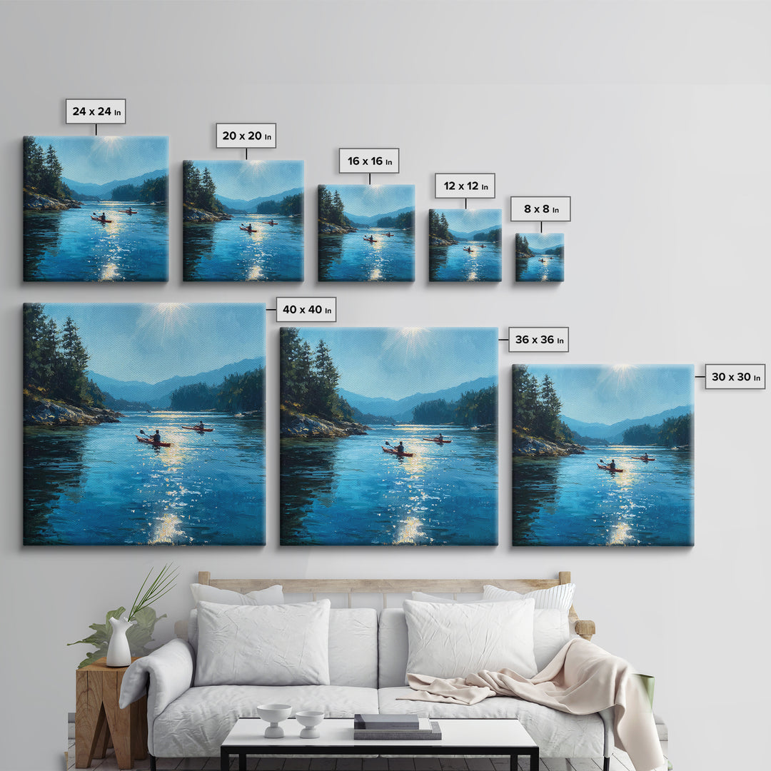 Sunlit Kayakers On Blue Mountain Lake Wall Art, Coastal Landscape Canvas Print, Nature Wall Decor For Living Room Home Decor Gift