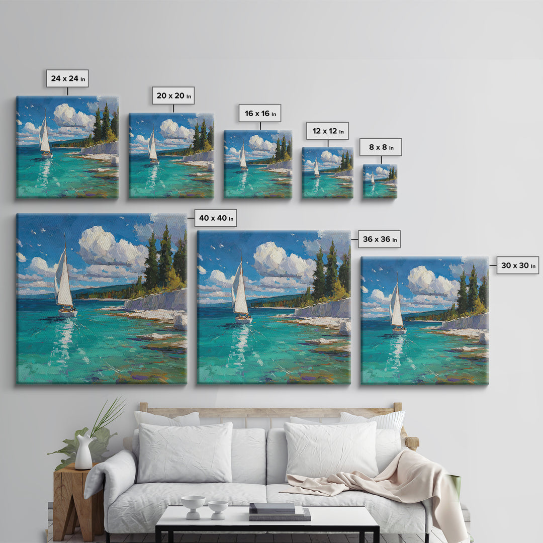 White Sailboat On Turquoise Lake Wall Art, Coastal Landscape Painting, Nautical Lake House Decor, Impasto Framed Canvas Print