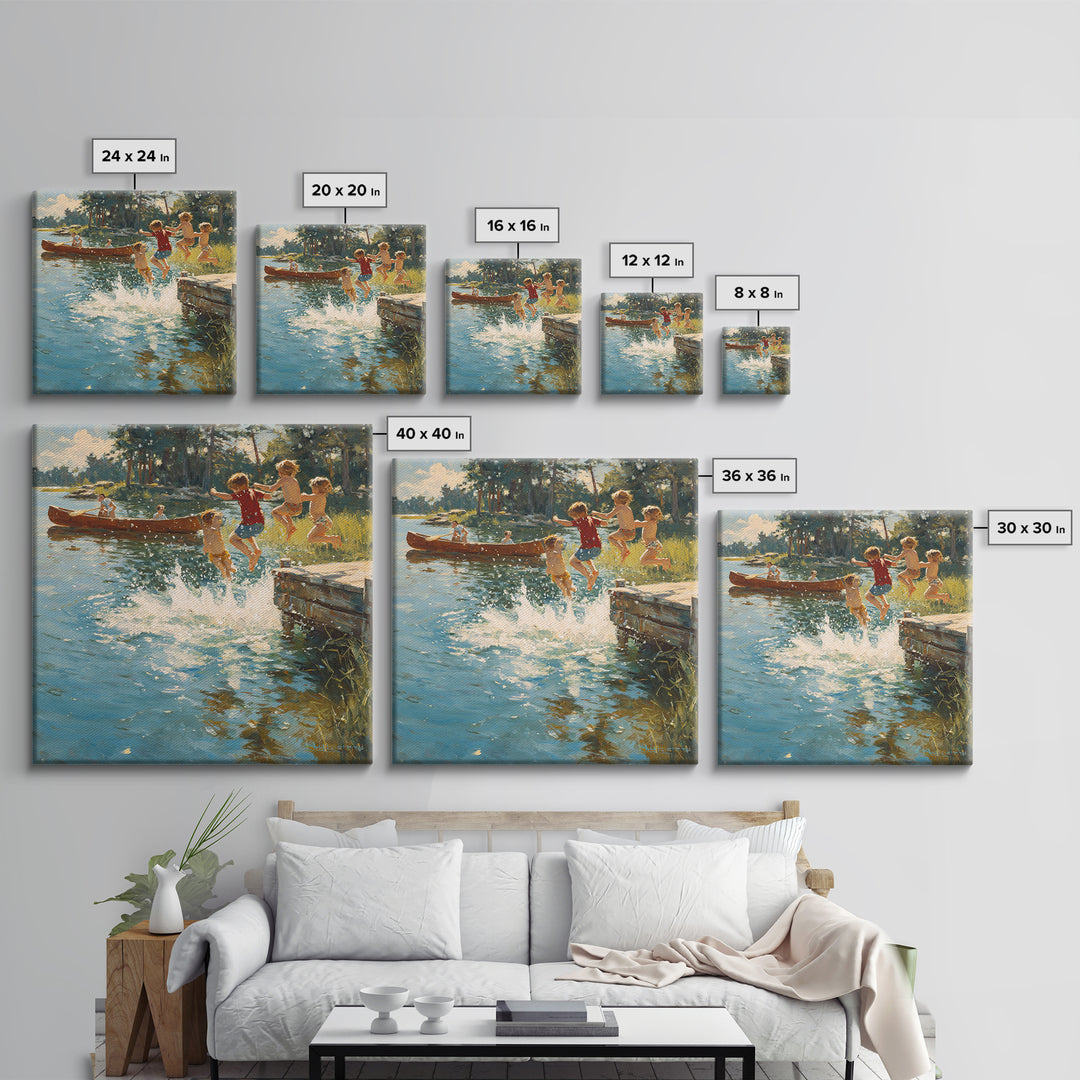 Children Jumping Into Sunny Lake Canvas Print, Summer Cabin Wall Art, Rustic Lake House Decor, Kids Room Art, Family Gift
