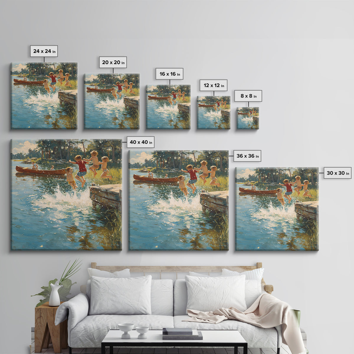 Children Jumping Into Sunny Lake Canvas Print, Summer Cabin Wall Art, Rustic Lake House Decor, Kids Room Art, Family Gift