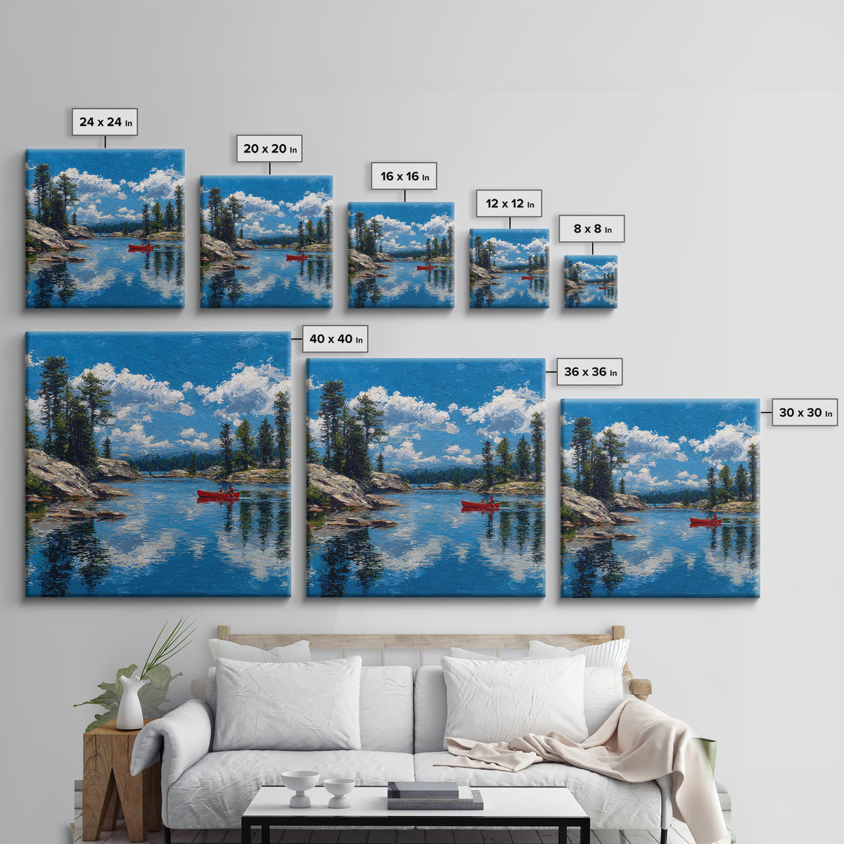 Red Canoe On Alpine Lake Wall Art, Mountain Landscape Painting, Rustic Cabin Decor, Pine Forest Nature Lover Framed Canvas Print