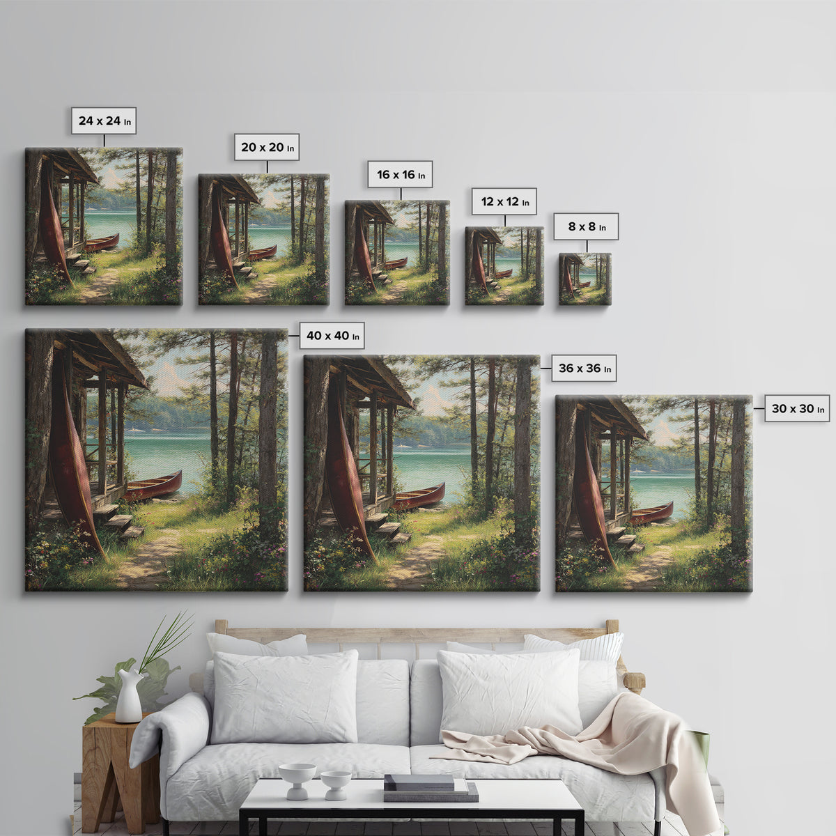 Lakeside Cabin With Red Canoes Framed Canvas Print, Rustic Lake House Wall Art, Cozy Nature Decor, Peaceful Getaway Gift