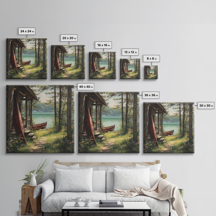 Lakeside Cabin With Red Canoes Framed Canvas Print, Rustic Lake House Wall Art, Cozy Nature Decor, Peaceful Getaway Gift