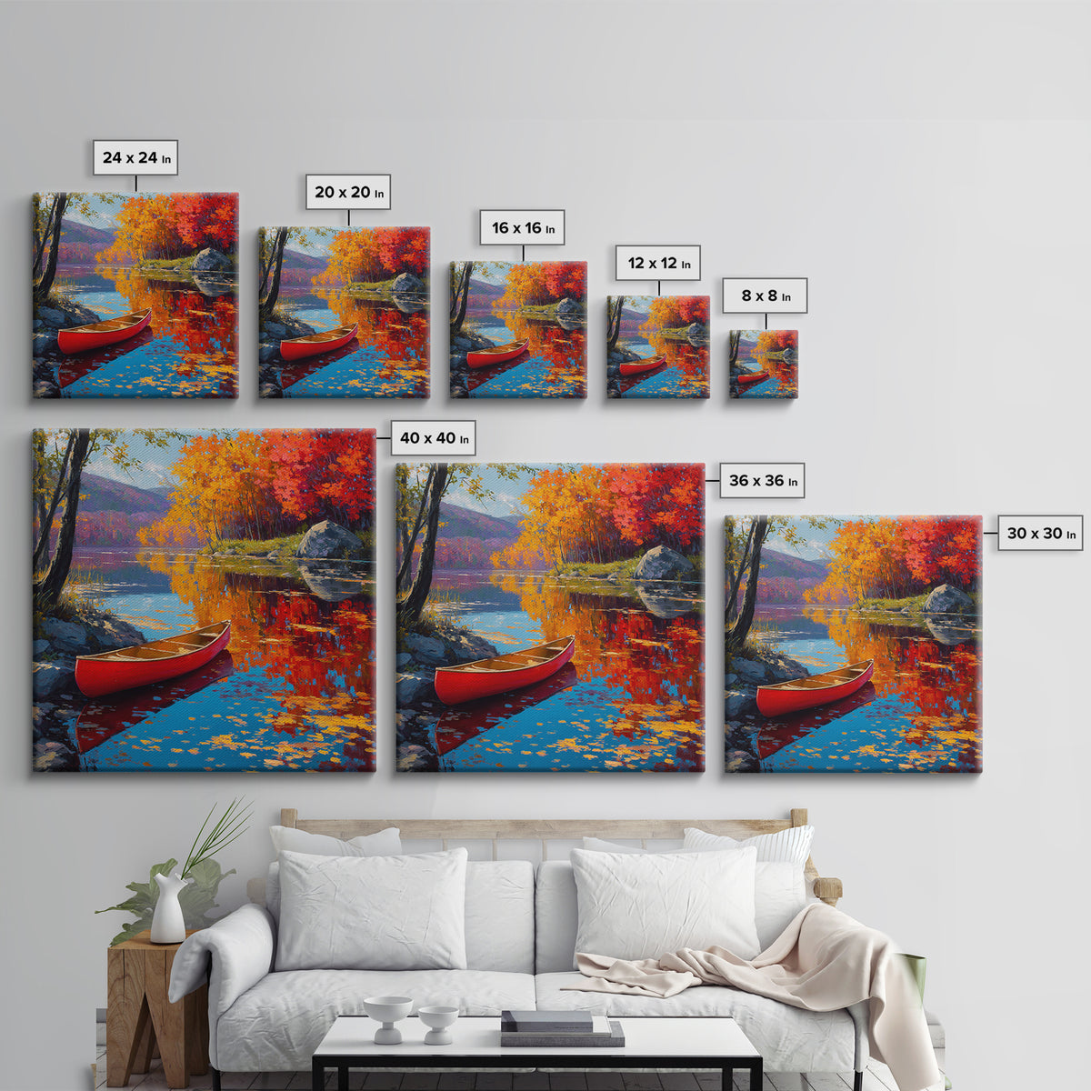 Red Canoe On Autumn Lake Wall Art, Colorful Fall Landscape Painting, Cabin Decor, Nature Wall Art, Housewarming Gift, Large Canvas Print