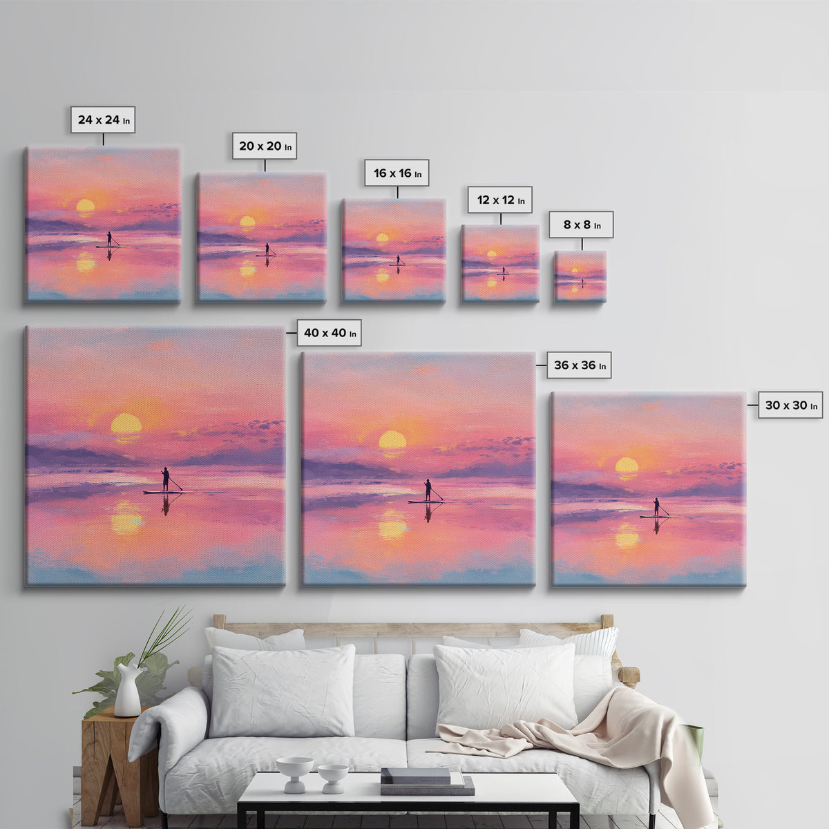 Pink Sunset Paddleboard Wall Art, Pastel Ocean Seascape, Coastal Decor, Beach House Art Print, Romantic Gift For Her, Bedroom Decor