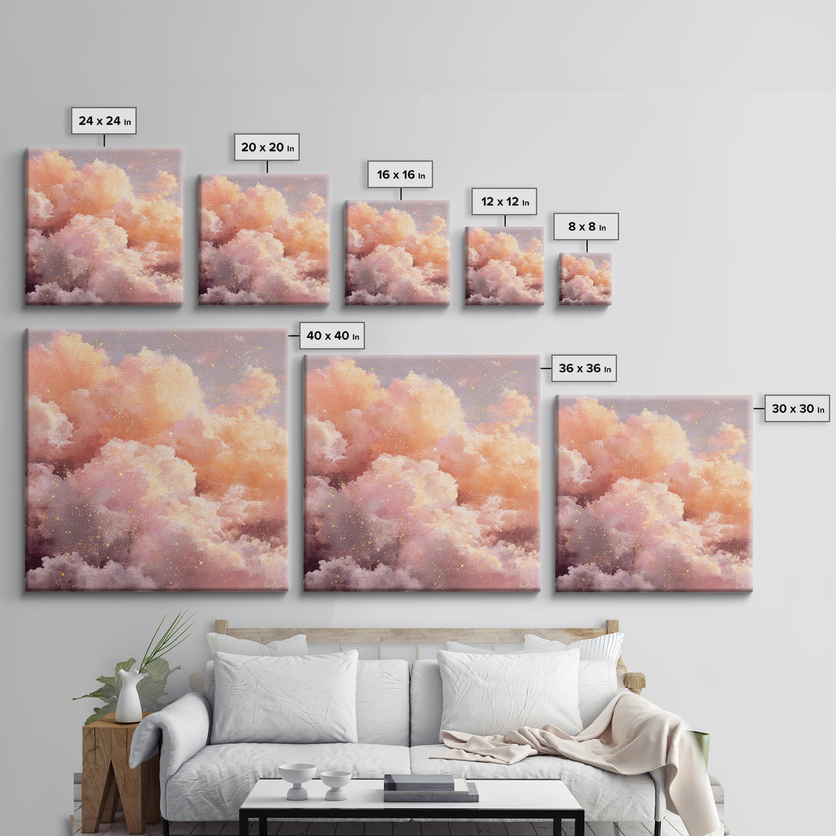 Blush Pink Celestial Clouds With Golden Stars Wall Art, Dreamy Sky Canvas, Pastel Bedroom Decor, Nursery Gift, Ethereal Home Decor