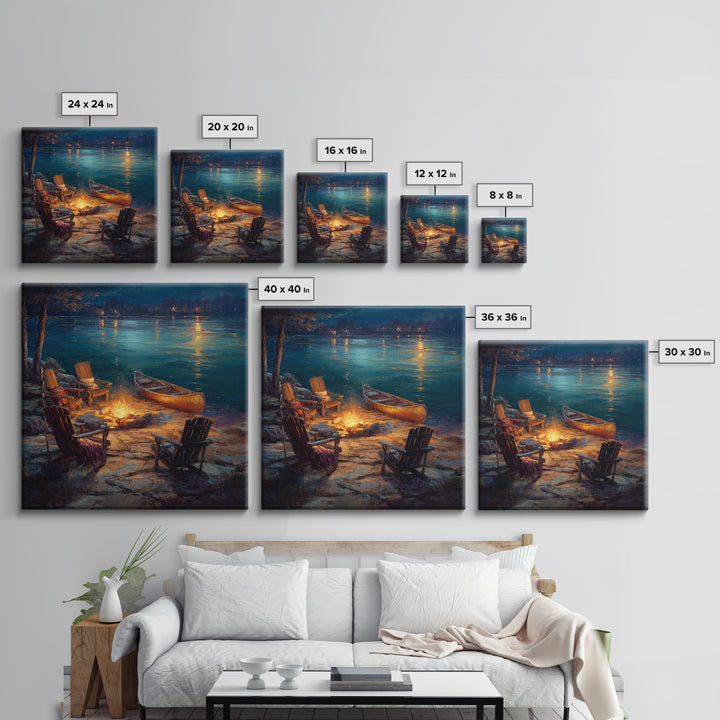 Lakeside Campfire Adirondack Chairs Wall Art, Canoe Night Lake Canvas Print, Cabin Decor, Rustic Housewarming Gift For Lake House