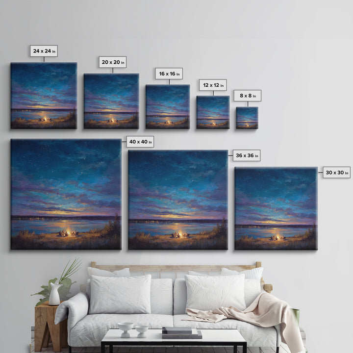 Starry Lakeside Campfire Canvas Print, Moody Night Sky Landscape Art, Cabin Wall Decor, Cozy Living Room Art, Housewarming Gift