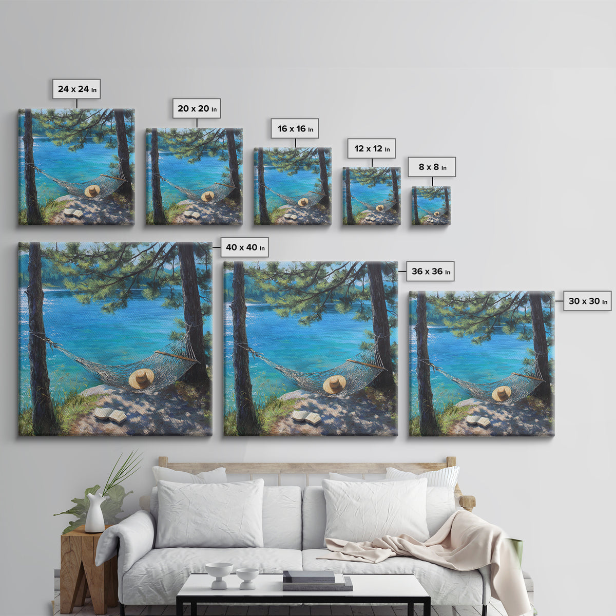 Pine Lake Hammock Reading Nook Wall Art, Coastal Lake House Decor, Peaceful Nature Canvas Print, Relaxing Bedroom Art Gift