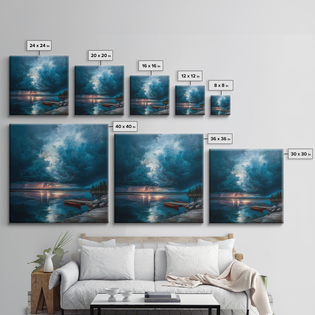 Moody Storm Over Lake With Canoes Canvas Print, Blue Seascape Wall Art, Dramatic Lightning Landscape, Cabin Decor, Nature Gift