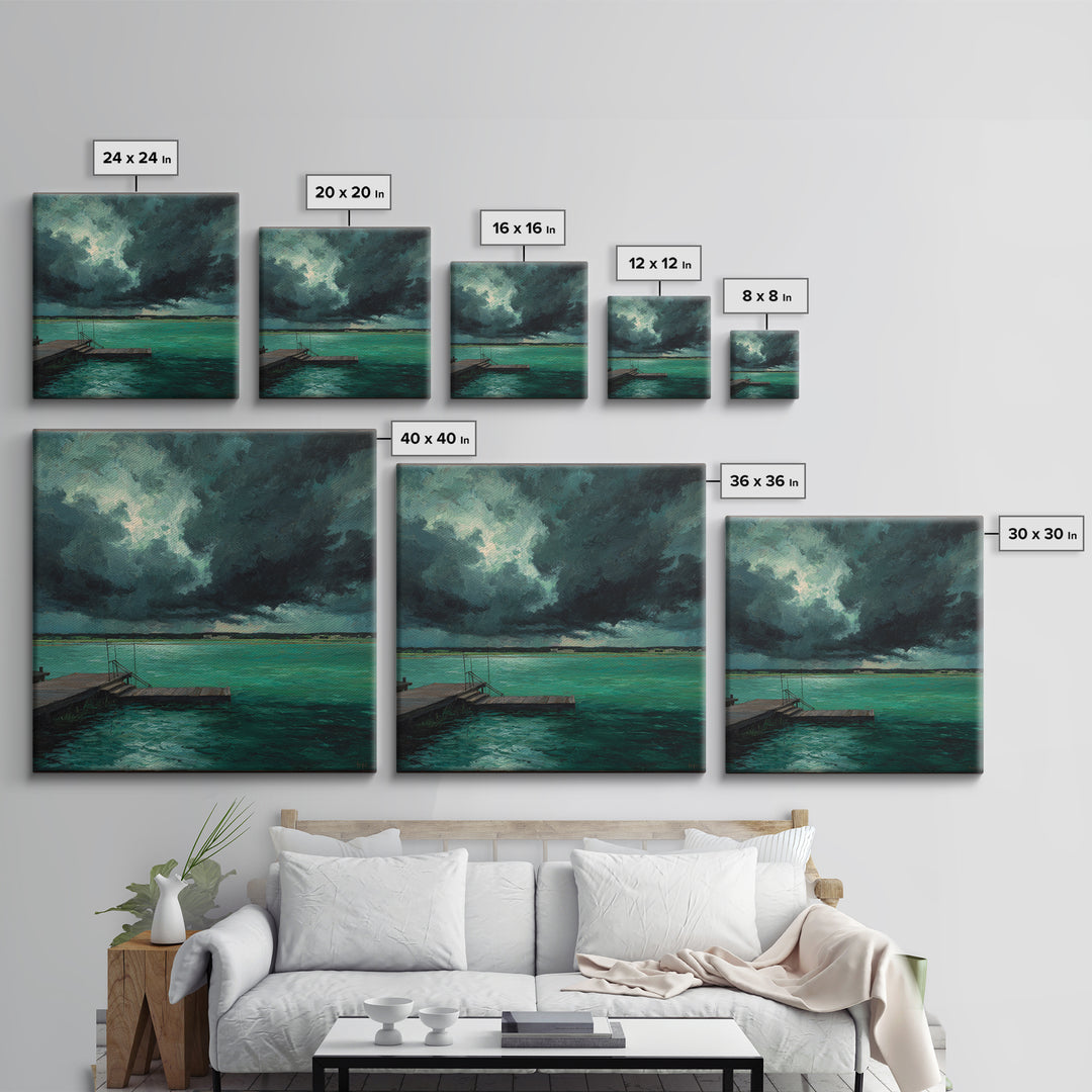 Stormy Turquoise Lake Dock And Dark Clouds Canvas Print, Moody Landscape Art, Coastal Wall Decor, Office Wall Art Gift For Him