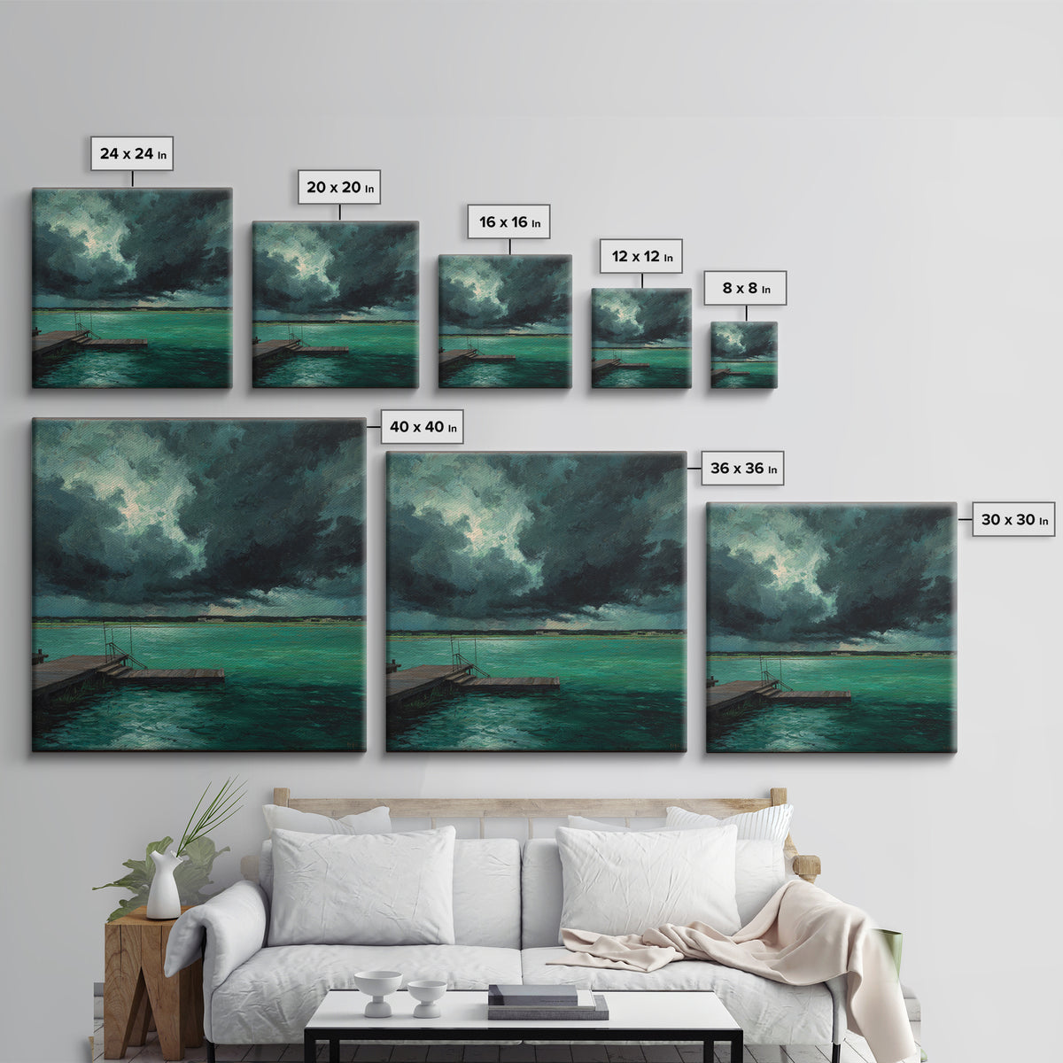 Stormy Turquoise Lake Dock And Dark Clouds Canvas Print, Moody Landscape Art, Coastal Wall Decor, Office Wall Art Gift For Him