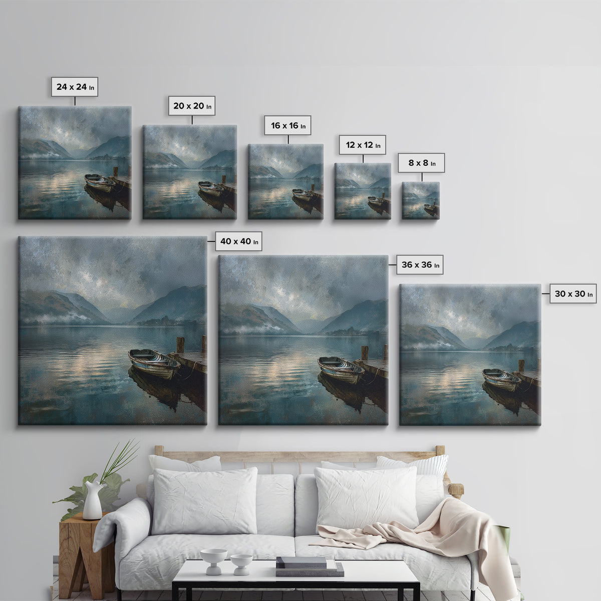 Moody Mountain Lake With Old Boat Wall Art, Misty Landscape Framed Canvas Print, Rustic Cabin Living Room Decor Housewarming Gift