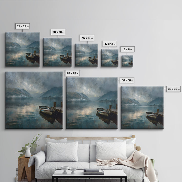 Moody Mountain Lake With Old Boat Wall Art, Misty Landscape Framed Canvas Print, Rustic Cabin Living Room Decor Housewarming Gift