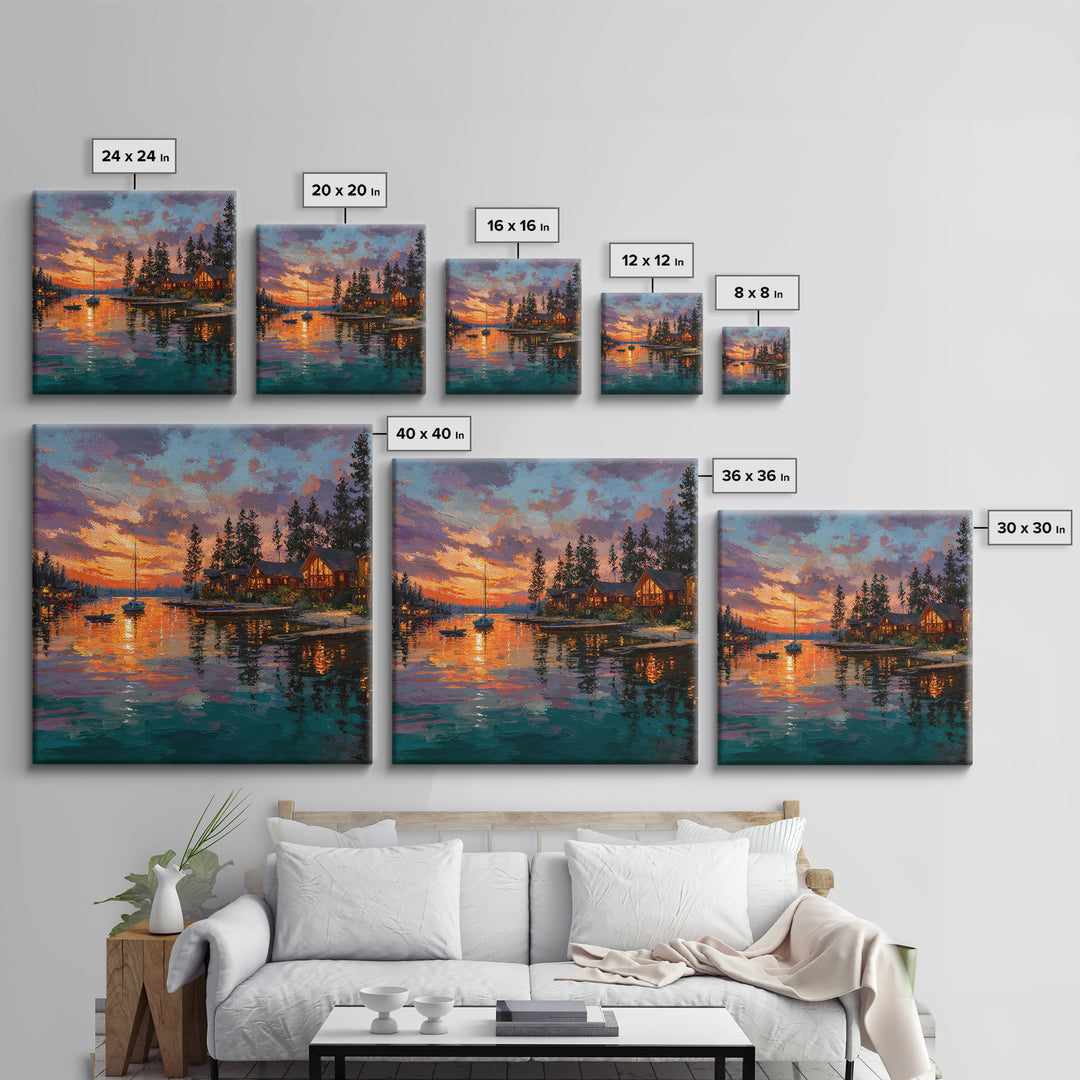 Glowing Lakeside Cabins At Sunset Wall Art, Coastal Landscape Canvas Print, Lake House Decor, Rustic Cabin Living Room Art