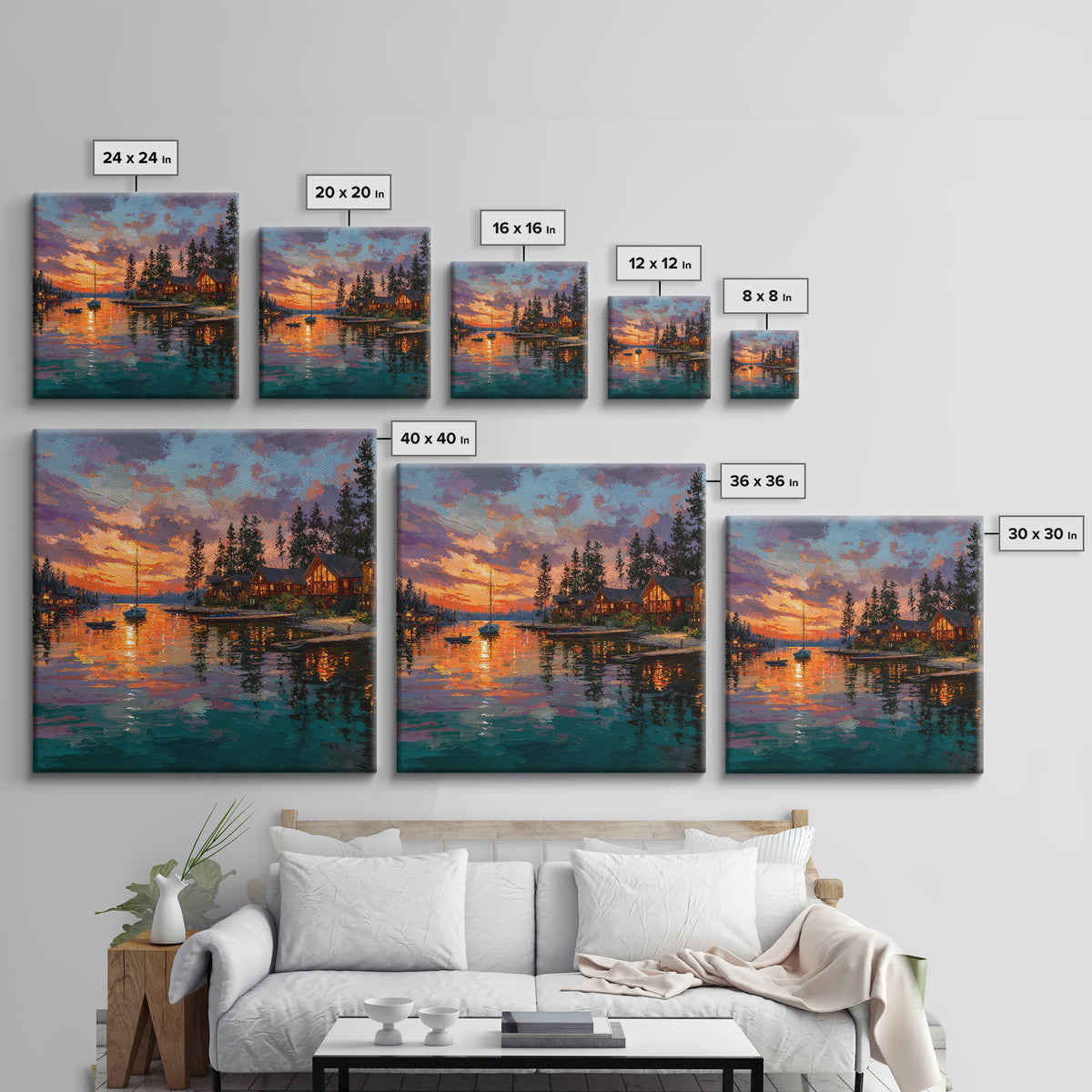 Glowing Lakeside Cabins At Sunset Wall Art, Coastal Landscape Canvas Print, Lake House Decor, Rustic Cabin Living Room Art