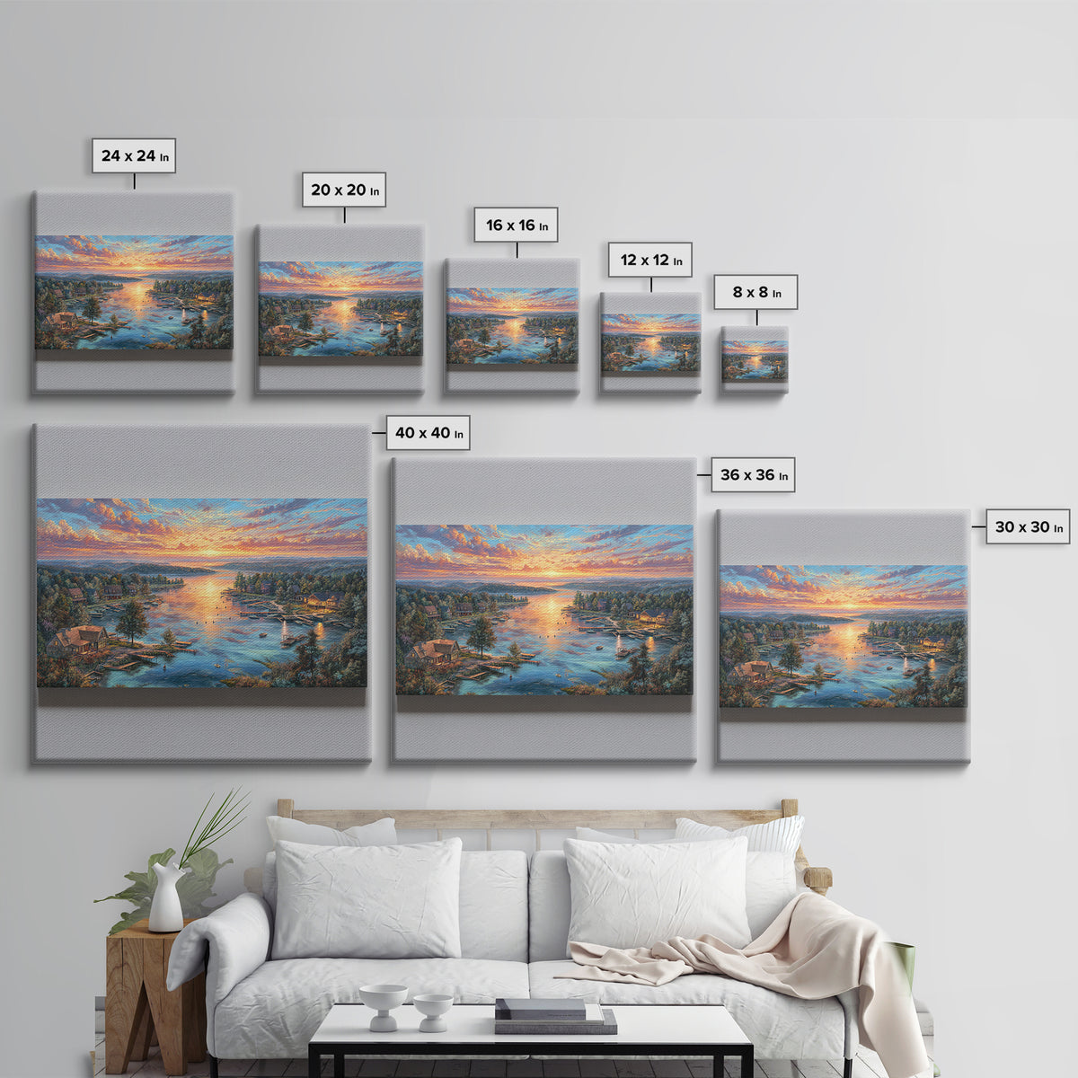 Sunset Lake Village Framed Canvas Print, Panoramic Landscape Wall Art, Coastal Cabin Decor, Large Living Room Art, Housewarming Gift