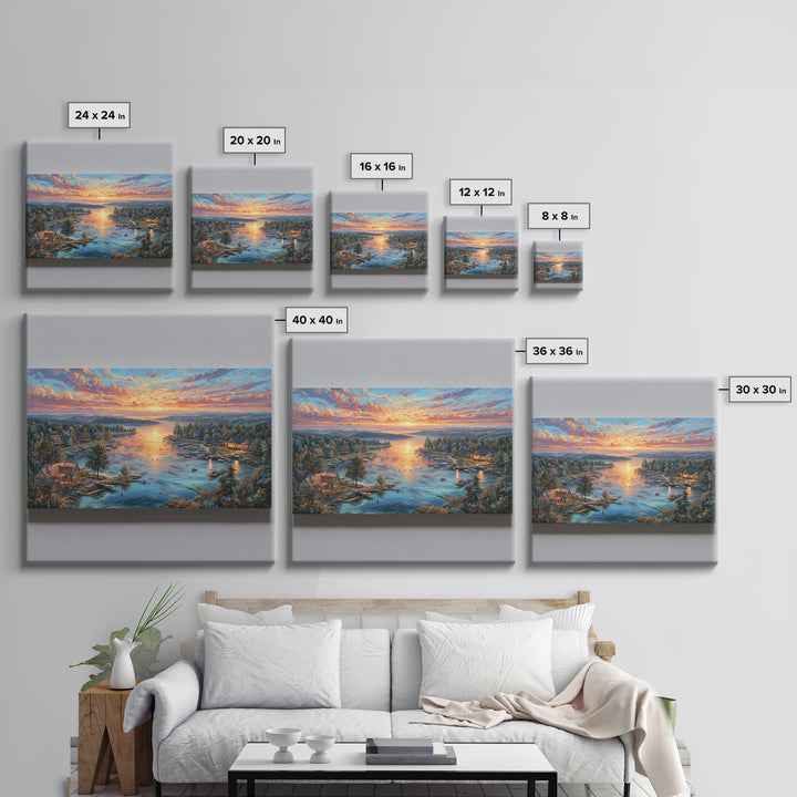 Sunset Lake Village Framed Canvas Print, Panoramic Landscape Wall Art, Coastal Cabin Decor, Large Living Room Art, Housewarming Gift