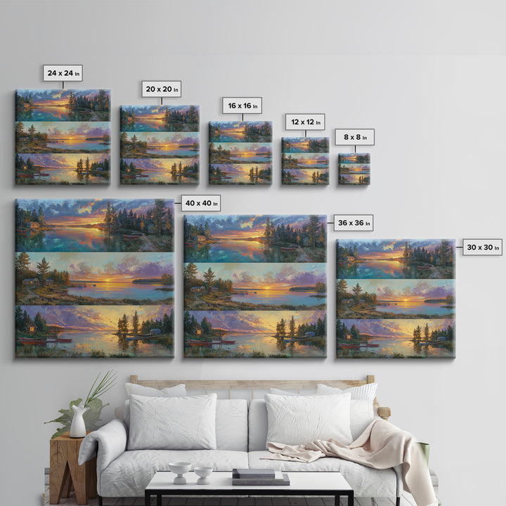 Three Serene Lake Sunset Panels Canvas Print, Panoramic Landscape Wall Art, Cabin Decor, Coastal Living Room Prints, Lake House Art