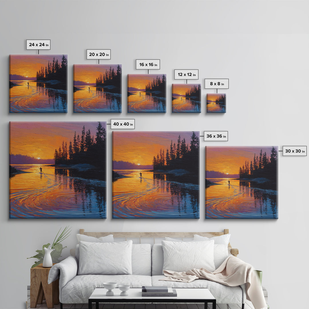 Sunset Paddleboard Pine Lake Wall Art, Orange Blue Seascape Canvas Print, Nature Decor, Living Room Decor, Gift For Him Or Her