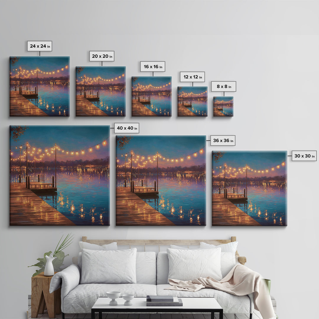 Twilight Lake Dock Lights Wall Art, Romantic Waterfront Canvas Print, Cozy Living Room Decor, Lake House Decor Gift For Her