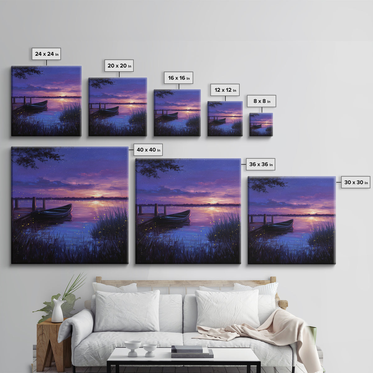 Twilight Lake With Boat And Fireflies Painting Wall Art, Dreamy Night Landscape Print, Romantic Nature Bedroom Decor