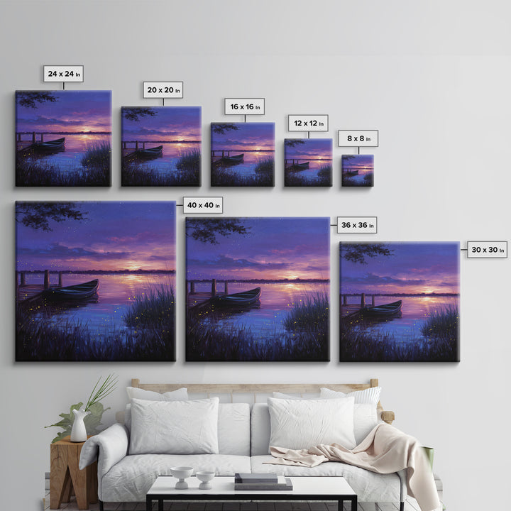Twilight Lake With Boat And Fireflies Painting Wall Art, Dreamy Night Landscape Print, Romantic Nature Bedroom Decor