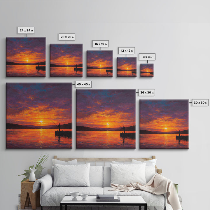 Fisherman At Fiery Sunset Wall Art, Serene Lake Landscape Canvas Print, Rustic Cabin Decor, Peaceful Nature Living Room Wall Art