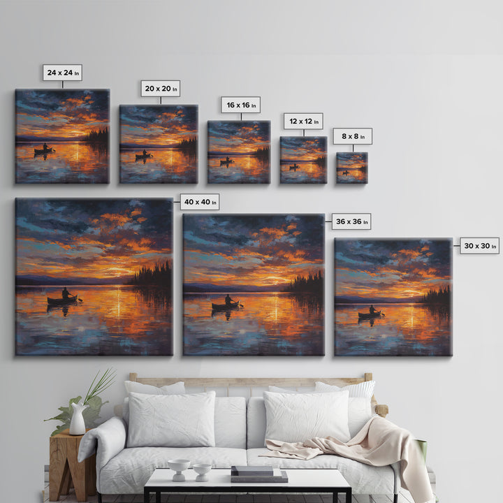 Canoe On Fiery Lake Sunset Framed Canvas Print, Impressionist Landscape Wall Art For Cozy Living Room Or Cabin Home Decor